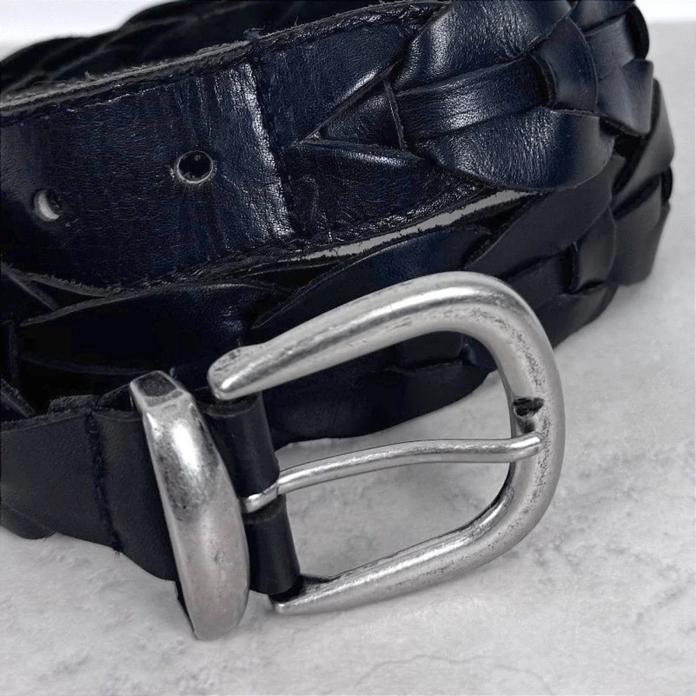 Retro Woven Black Real Leather Belt Mens 34 Preppy Dark Academia
